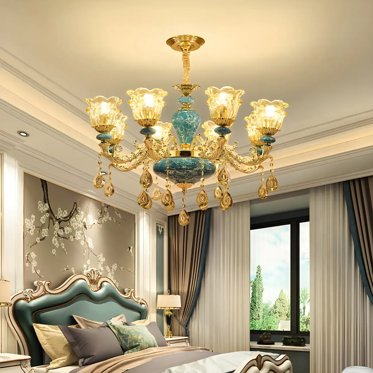 Traditional Gold Blue Glass Floral Up Crystal Chandelier Image - 2