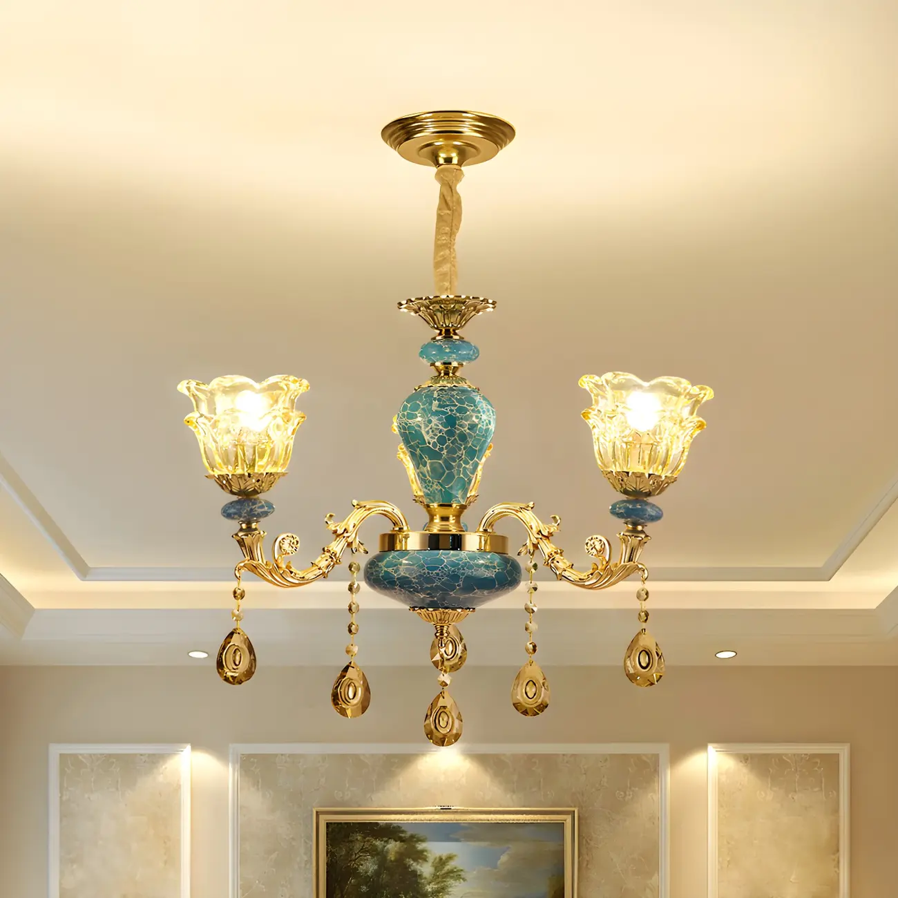 Traditional Gold Blue Glass Floral Up Crystal Chandelier Image - 3 | homeyfad