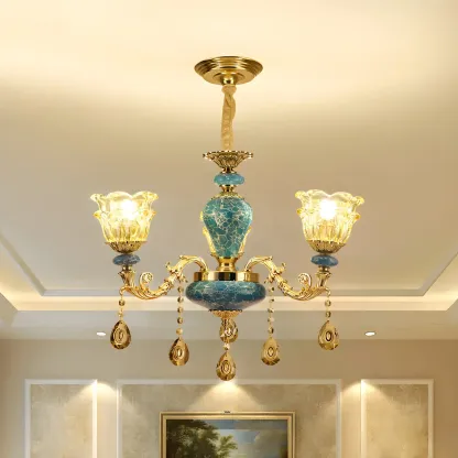 Traditional Gold Blue Glass Floral Up Crystal Chandelier Image - 3