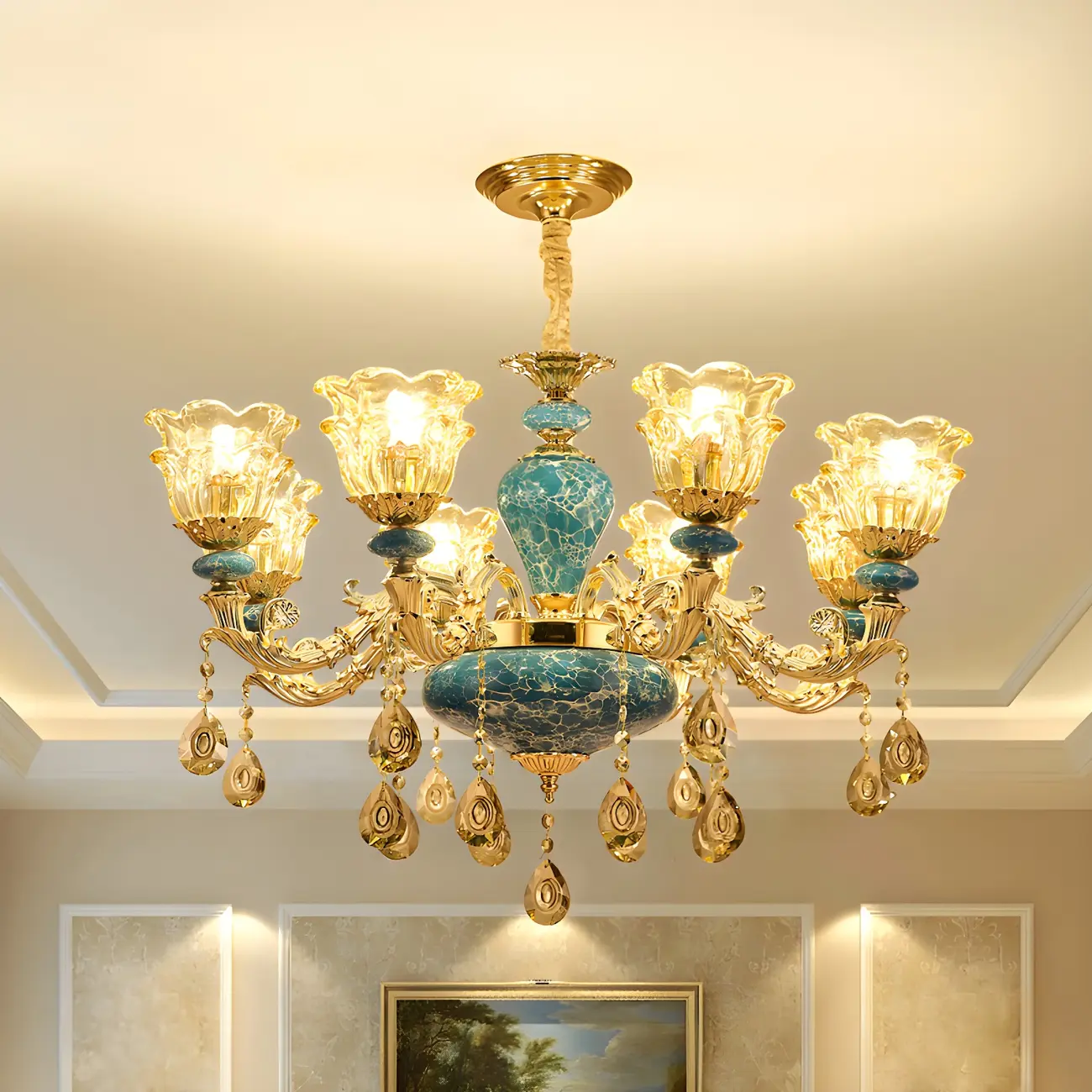 Traditional Gold Blue Glass Floral Up Crystal Chandelier Image - 4 | homeyfad