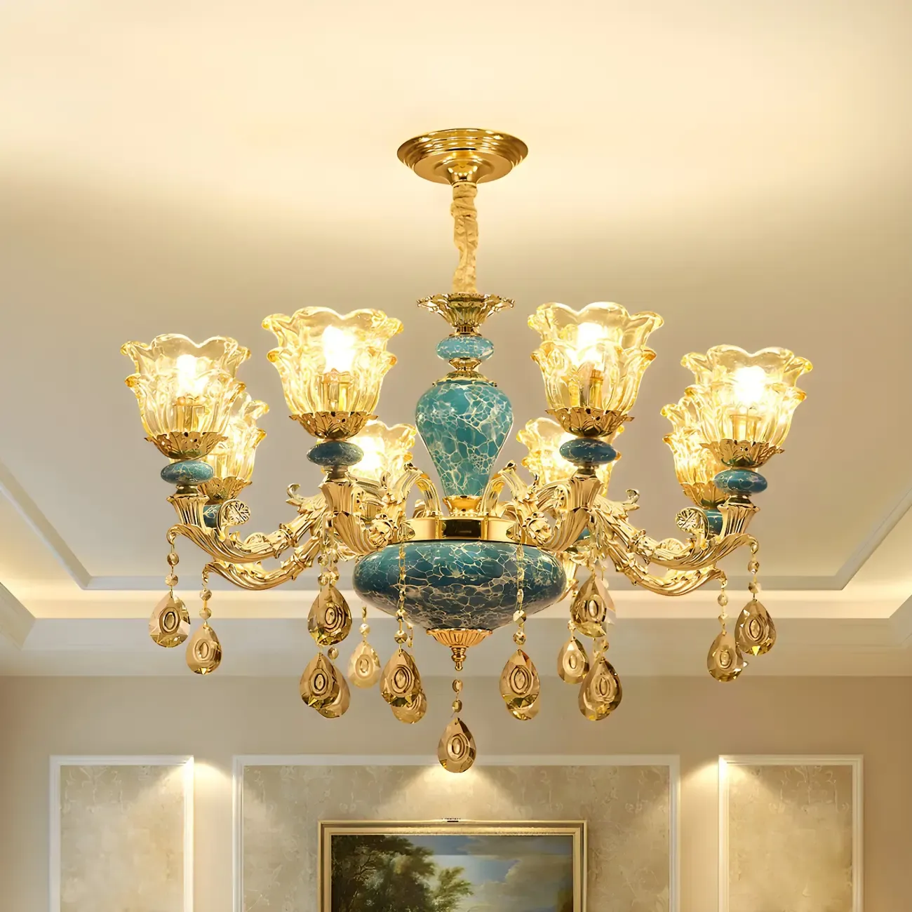 Traditional Gold Blue Glass Floral Up Crystal Chandelier Image - 4