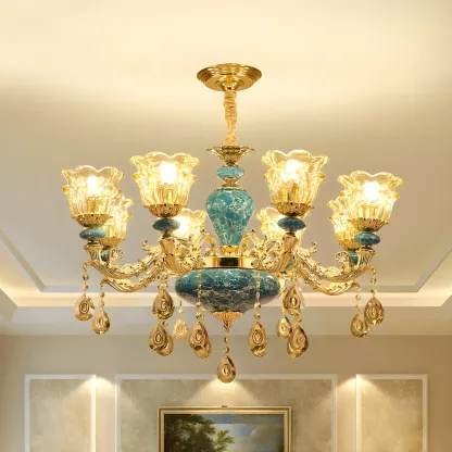 Traditional Gold Blue Glass Floral Up Crystal Chandelier Image - 4