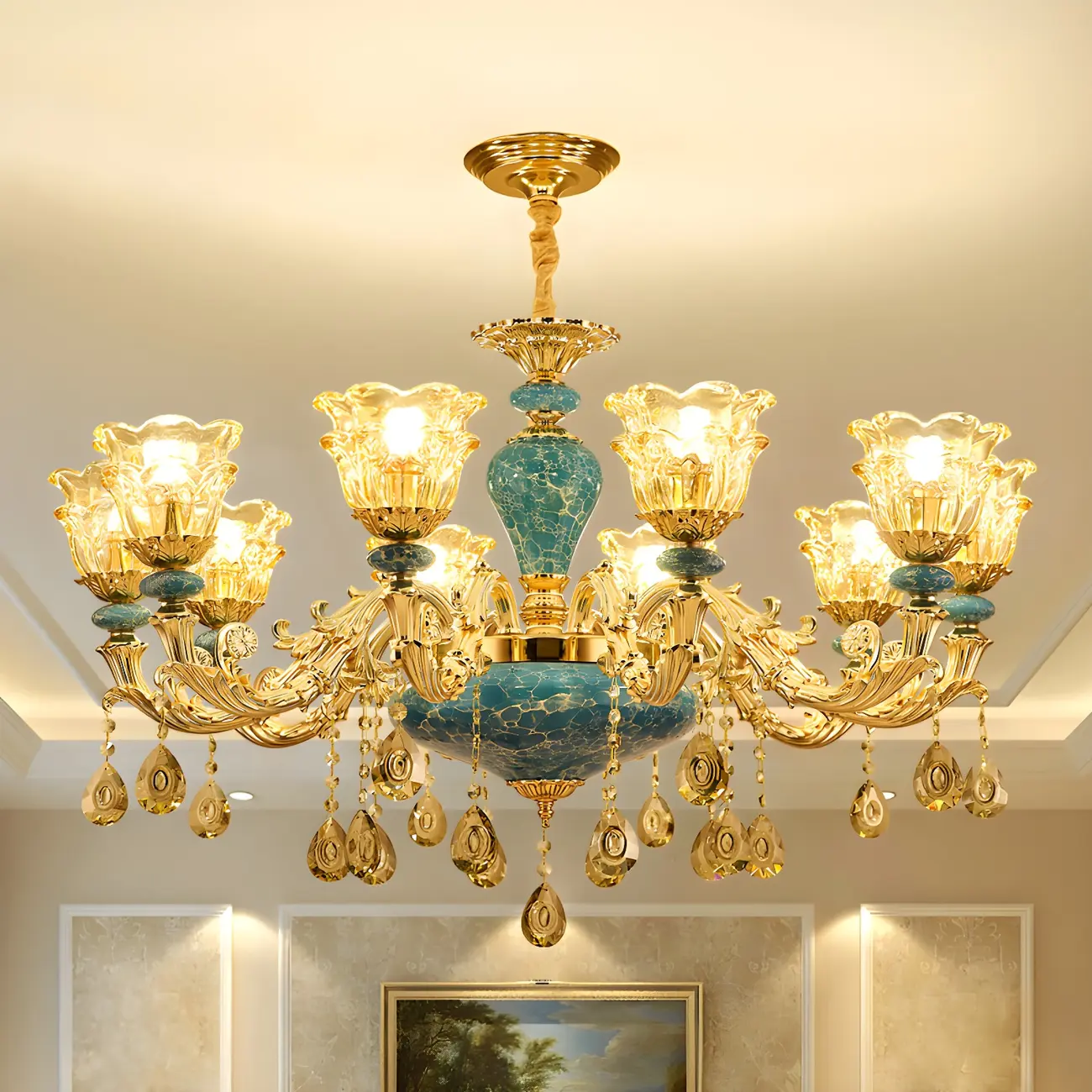 Traditional Gold Blue Glass Floral Up Crystal Chandelier Image - 5 | homeyfad