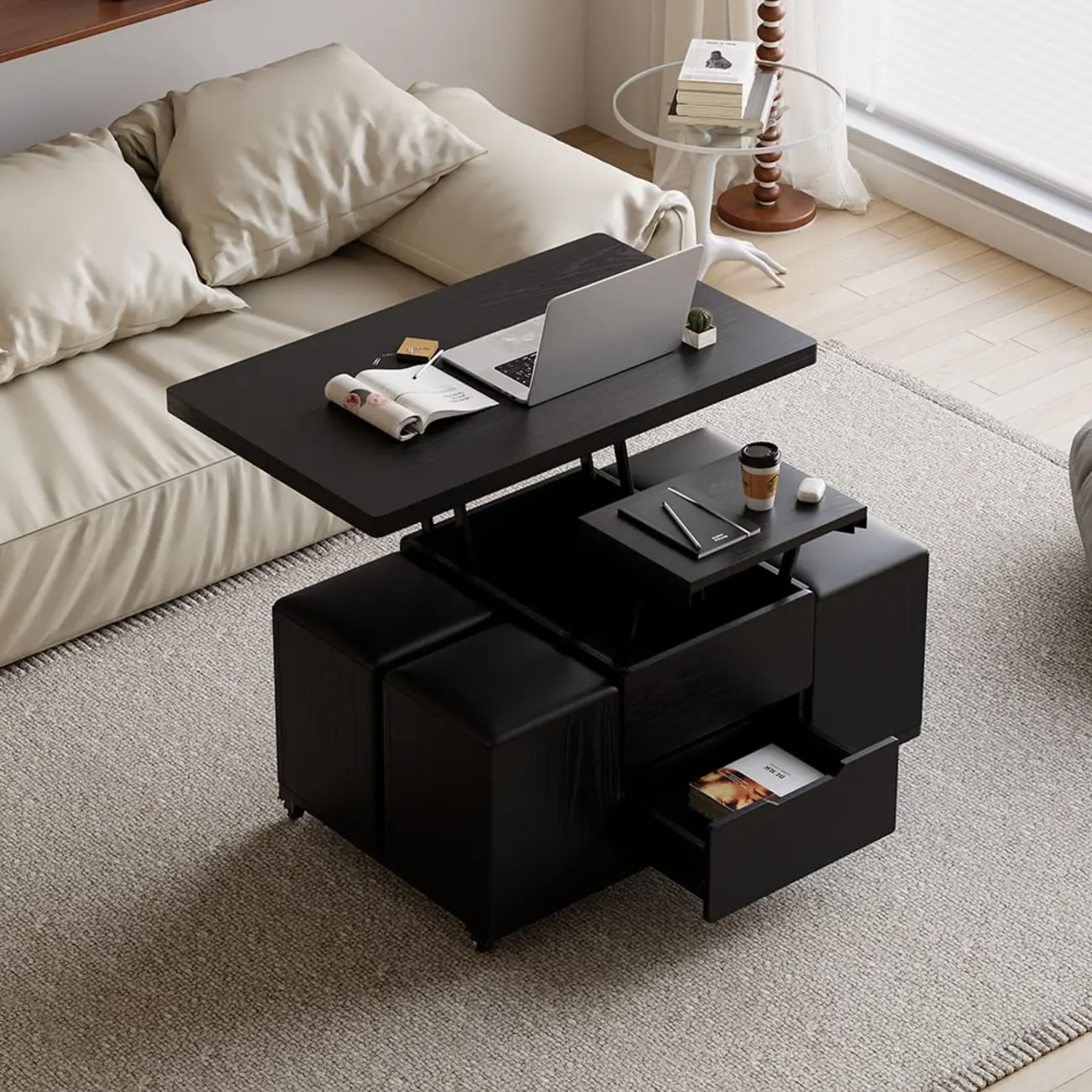 Foldable Lift-Top Coffee Table with 4 Stools & Storage Image - 10 | homeyfad