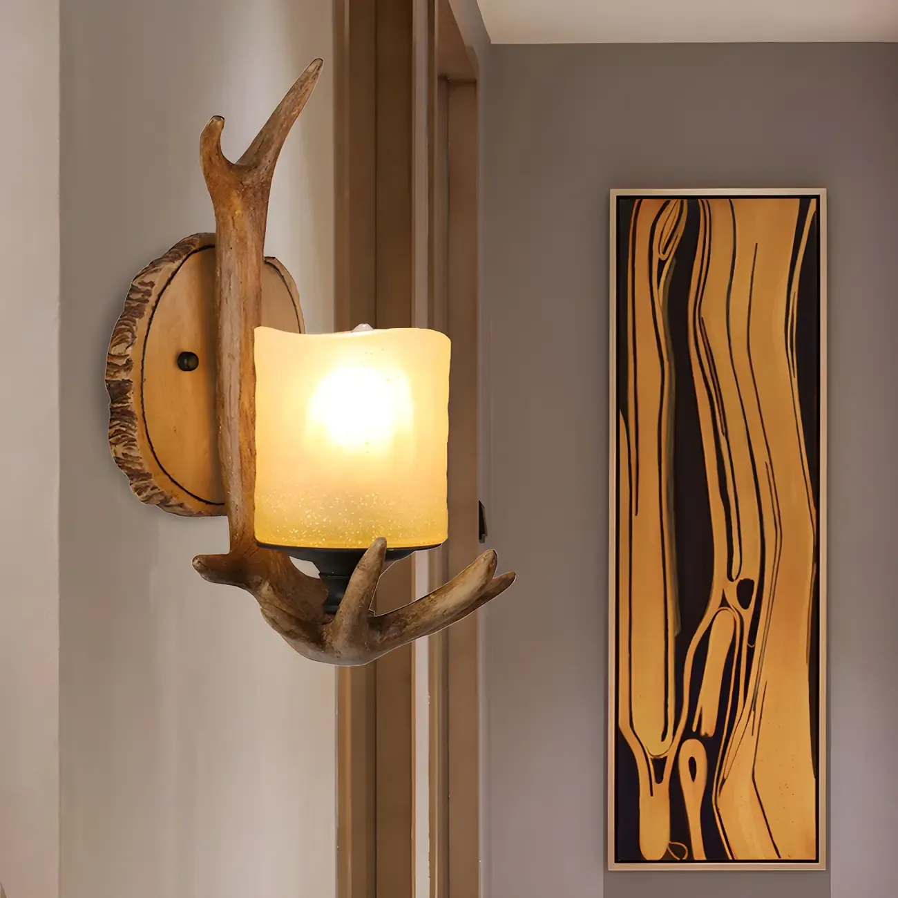 Rustic Antler Wall Sconce with Frosted Glass Shade Image - 1