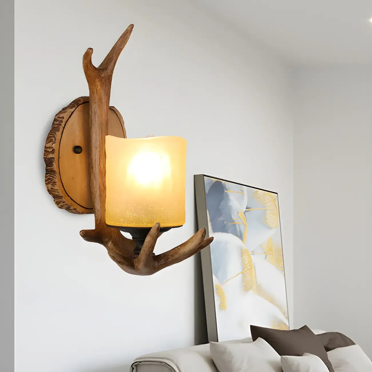Rustic Antler Wall Sconce with Frosted Glass Shade Image - 2