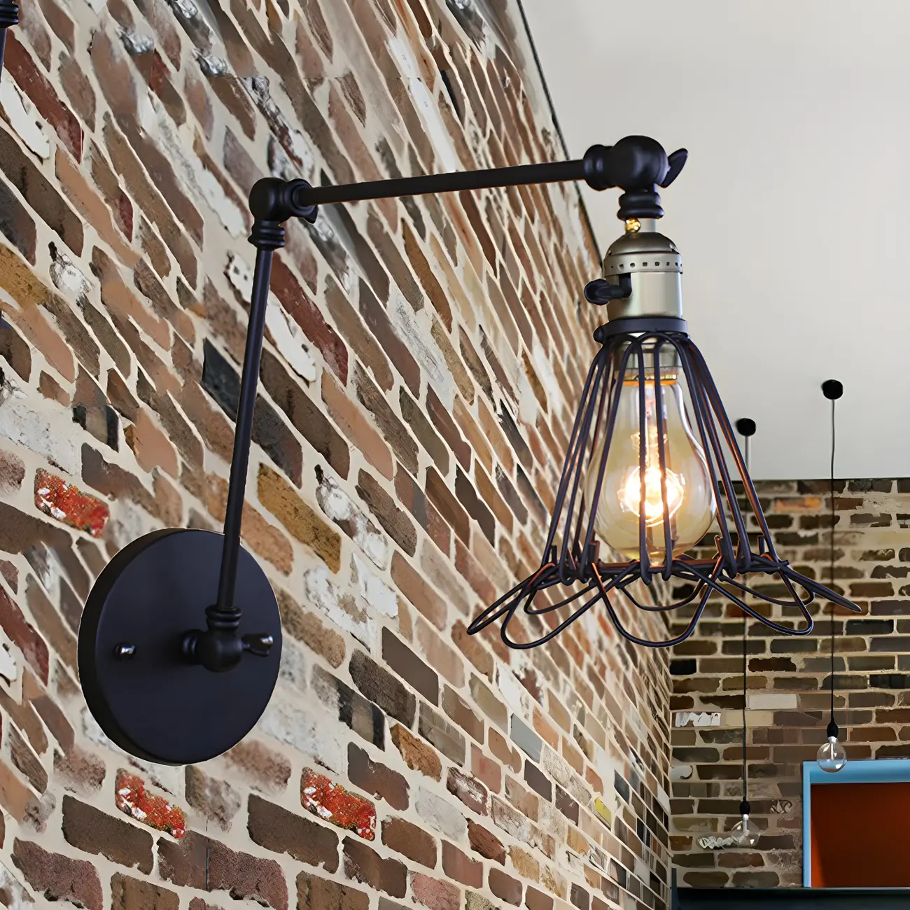 Industrial Black Wire Cage Swing Arm Wall Light Image - 2 | homeyfad