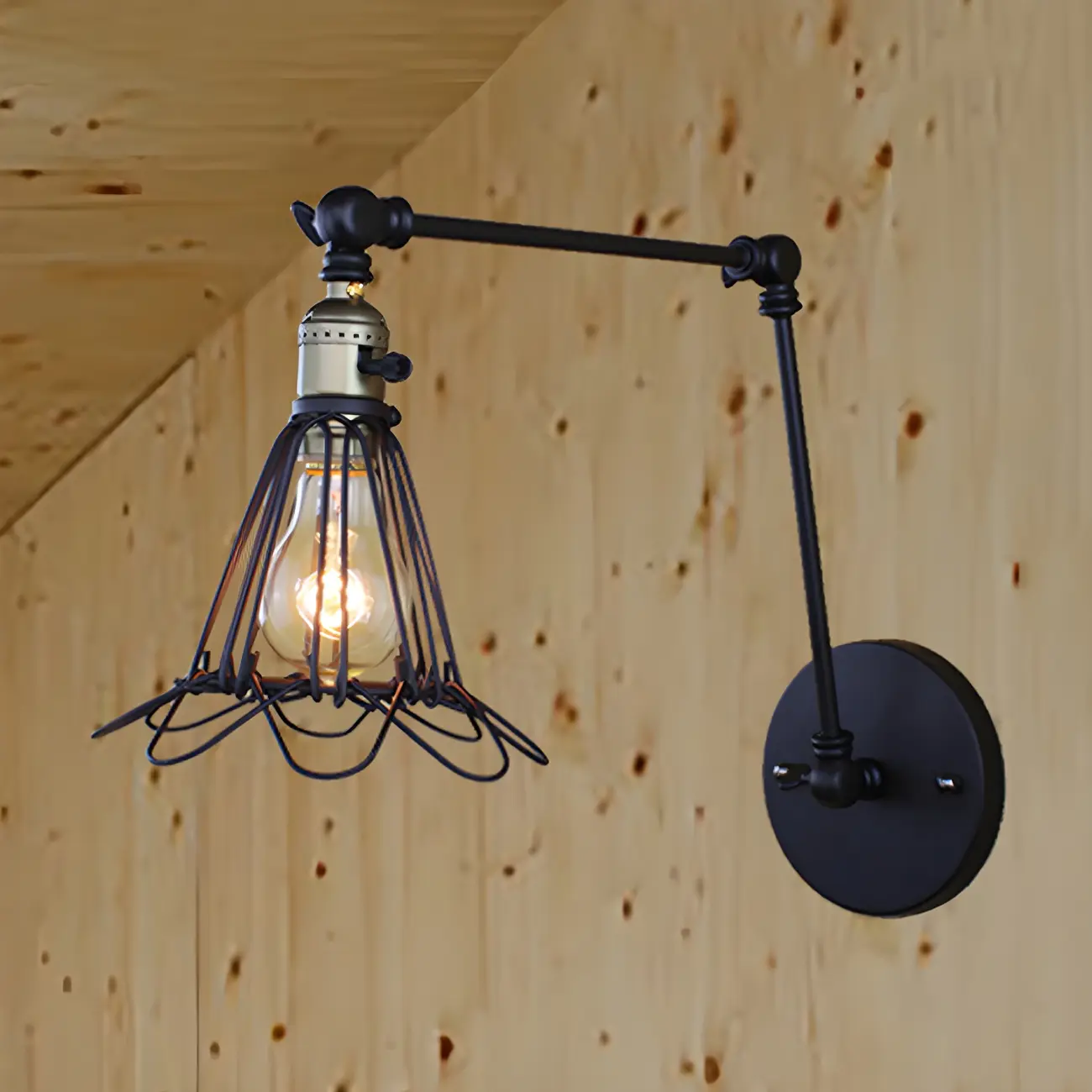 Industrial Black Wire Cage Swing Arm Wall Light Image - 1 | homeyfad