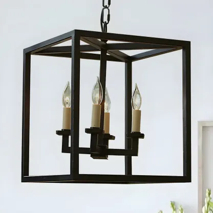 Industrial Black Metal Square Lantern Candle Chandelier Image - 1