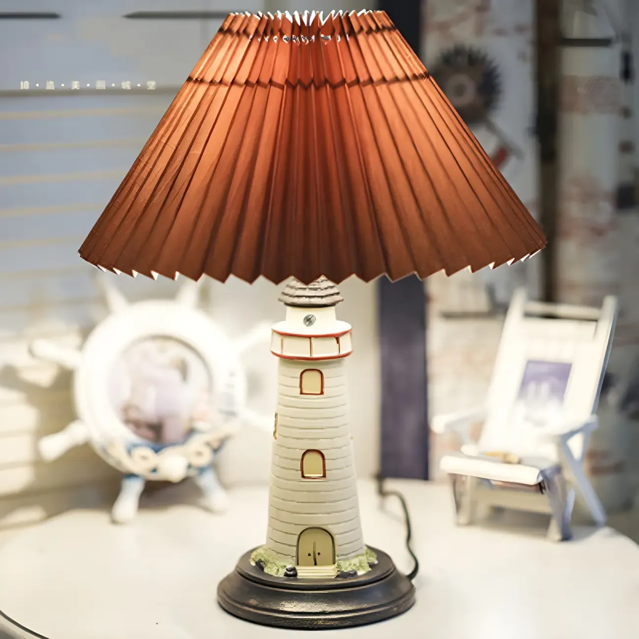 Red Lighthouse Shape Resin Kids Lamp LED Night Light for Bedroom