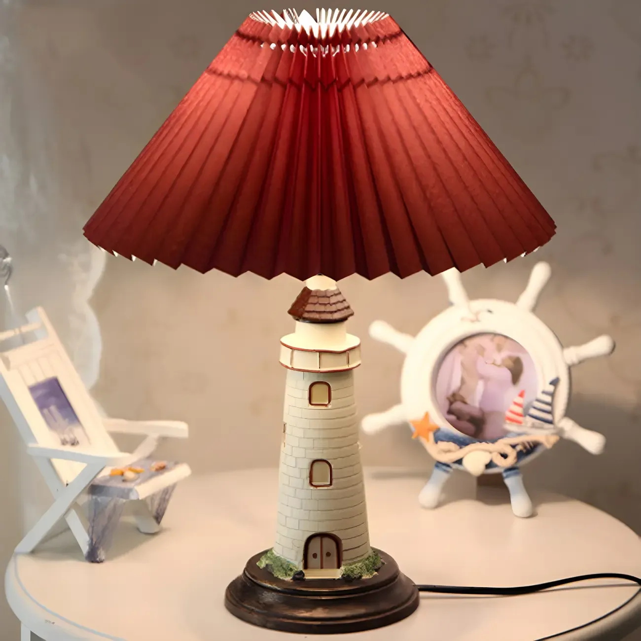 Red Lighthouse Shape Resin Kids Lamp LED Night Light for Bedroom