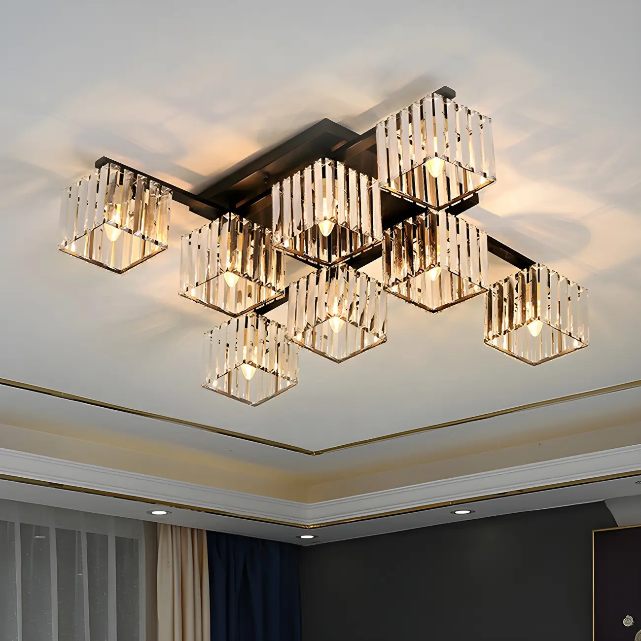 Modern Square Gold Crystal Flush Ceiling Light in 8 Lights Image - 1 | homeyfad