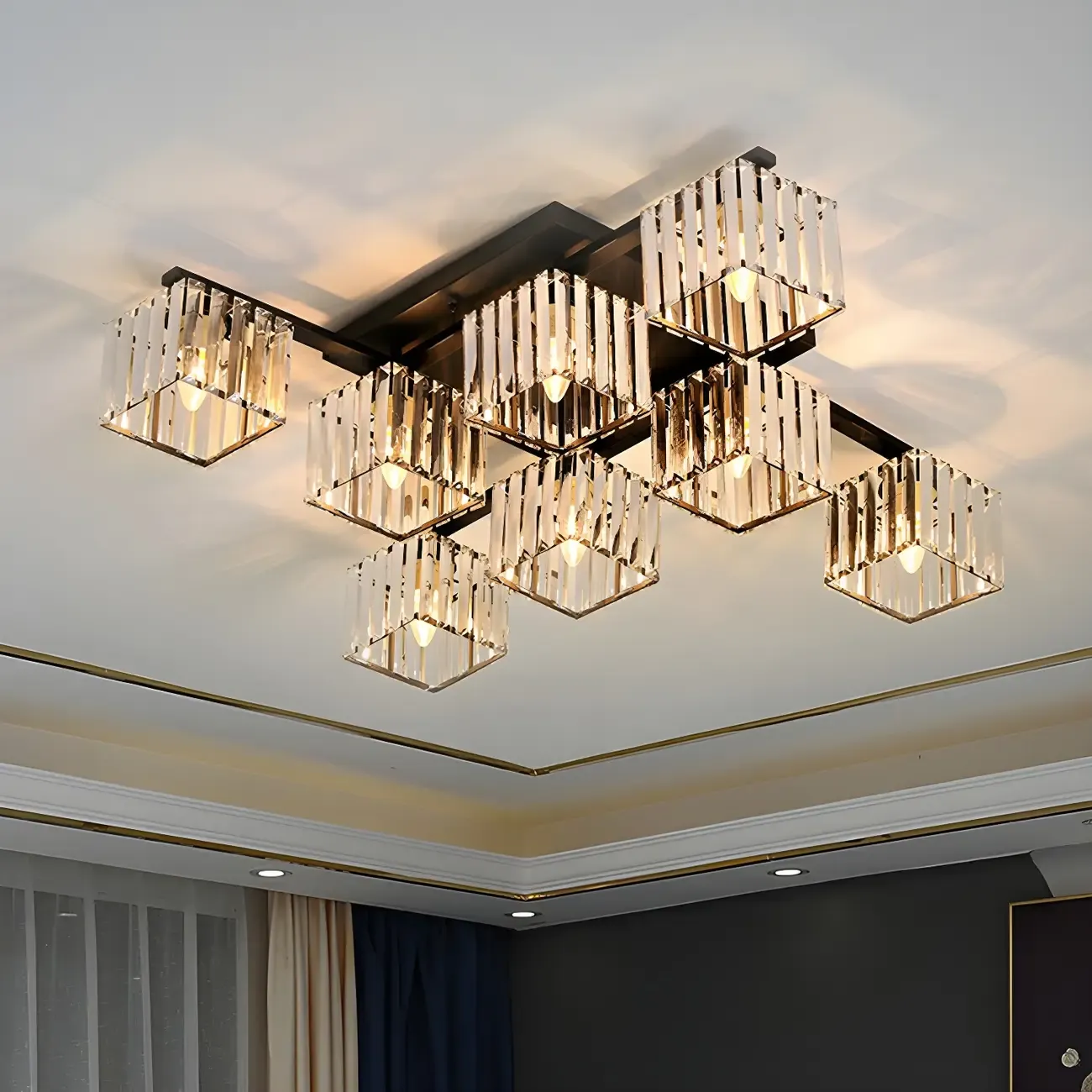 Modern Square Gold Crystal Flush Ceiling Light in 8 Lights Image - 1