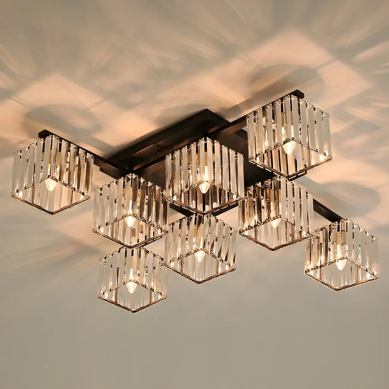 Modern Square Gold Crystal Flush Ceiling Light in 8 Lights Image - 2