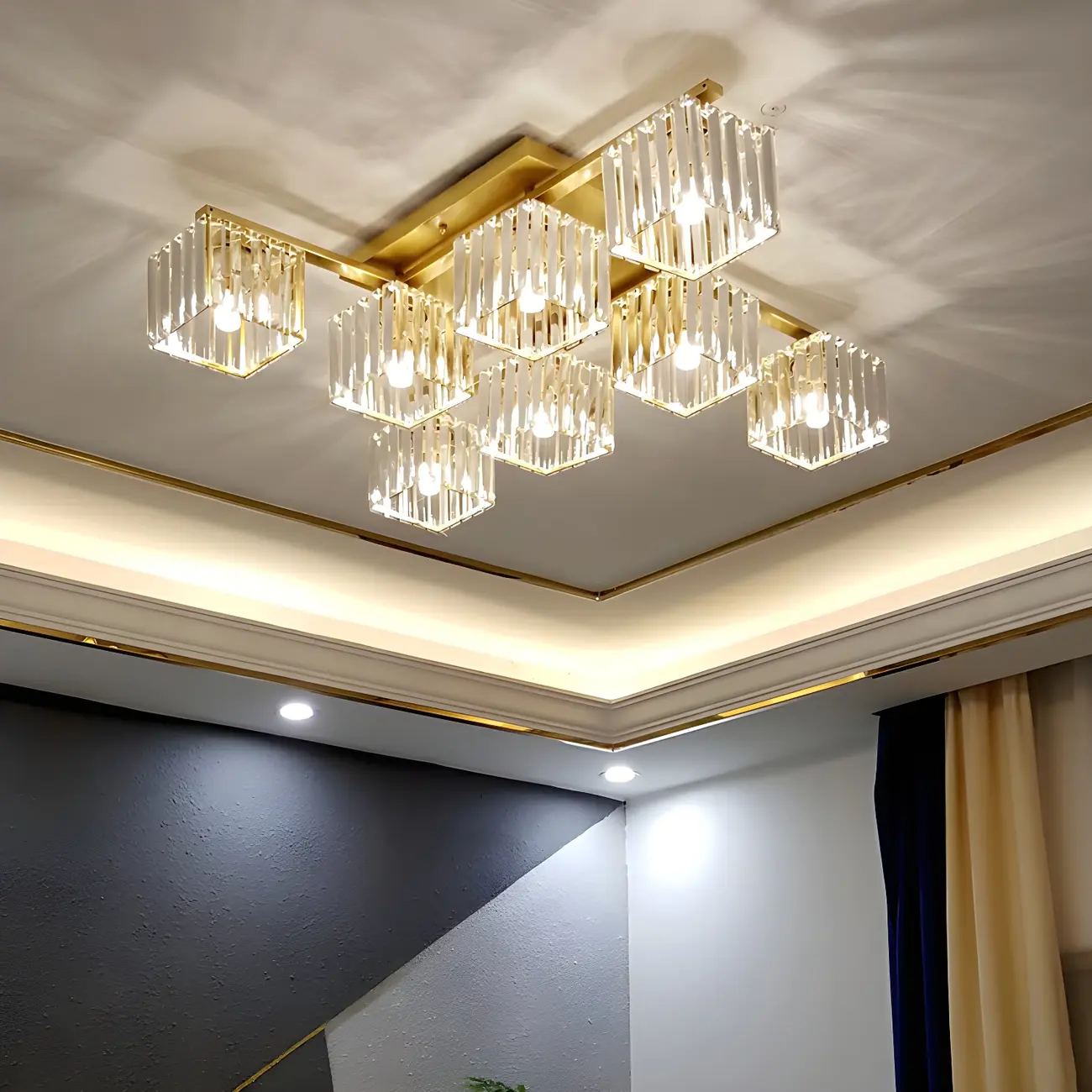 Modern Square Gold Crystal Flush Ceiling Light in 8 Lights Image - 4 | homeyfad