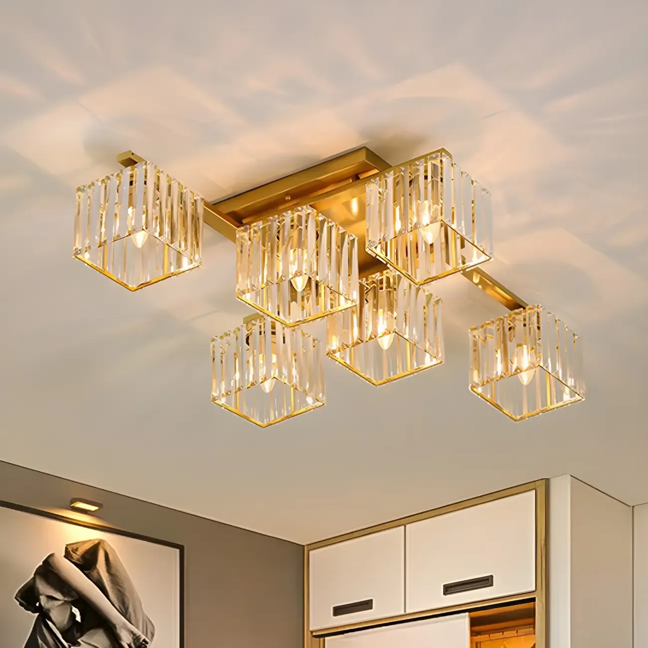 Modern Square Gold Crystal Flush Ceiling Light in 8 Lights Image - 6