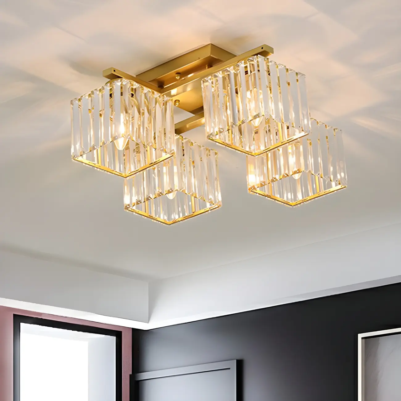 Modern Square Gold Crystal Flush Ceiling Light in 8 Lights Image - 8 | homeyfad