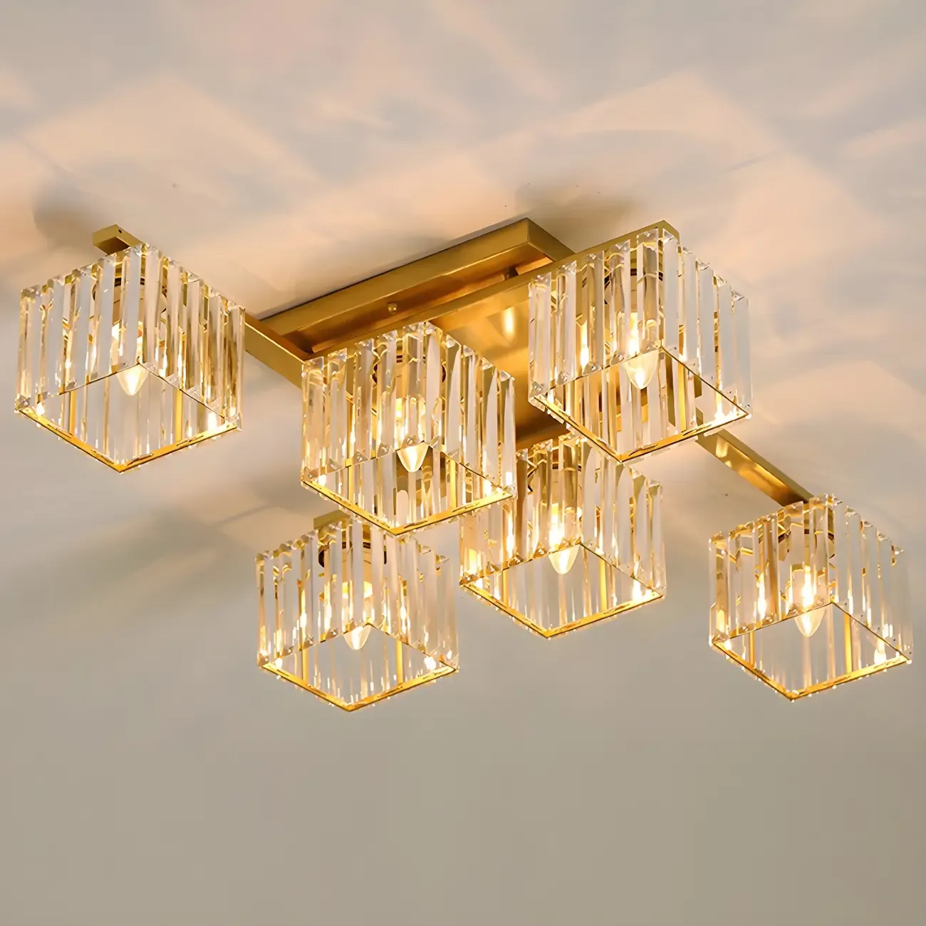 Modern Square Gold Crystal Flush Ceiling Light in 8 Lights Image - 9
