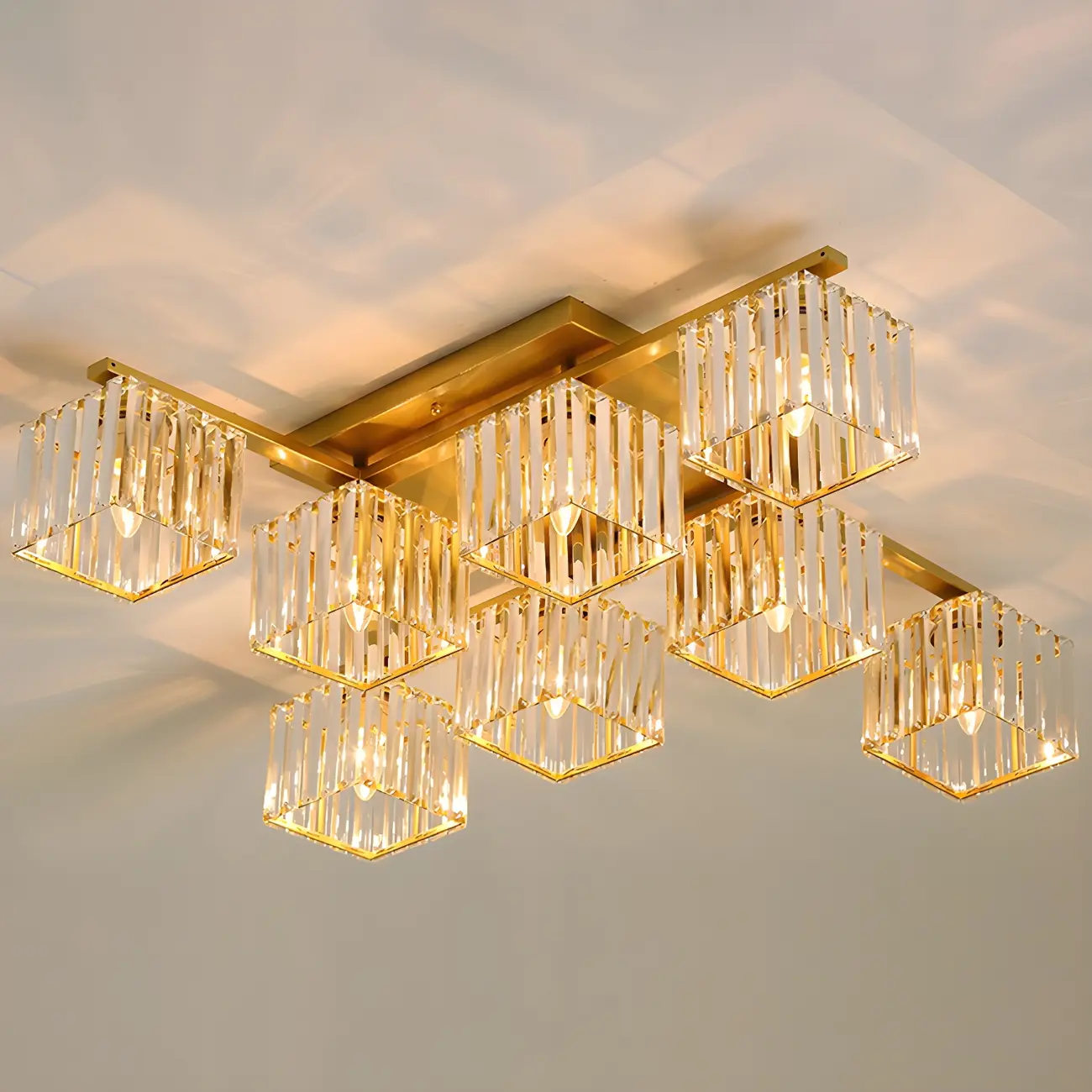 Modern Square Gold Crystal Flush Ceiling Light in 8 Lights Image - 11 | homeyfad