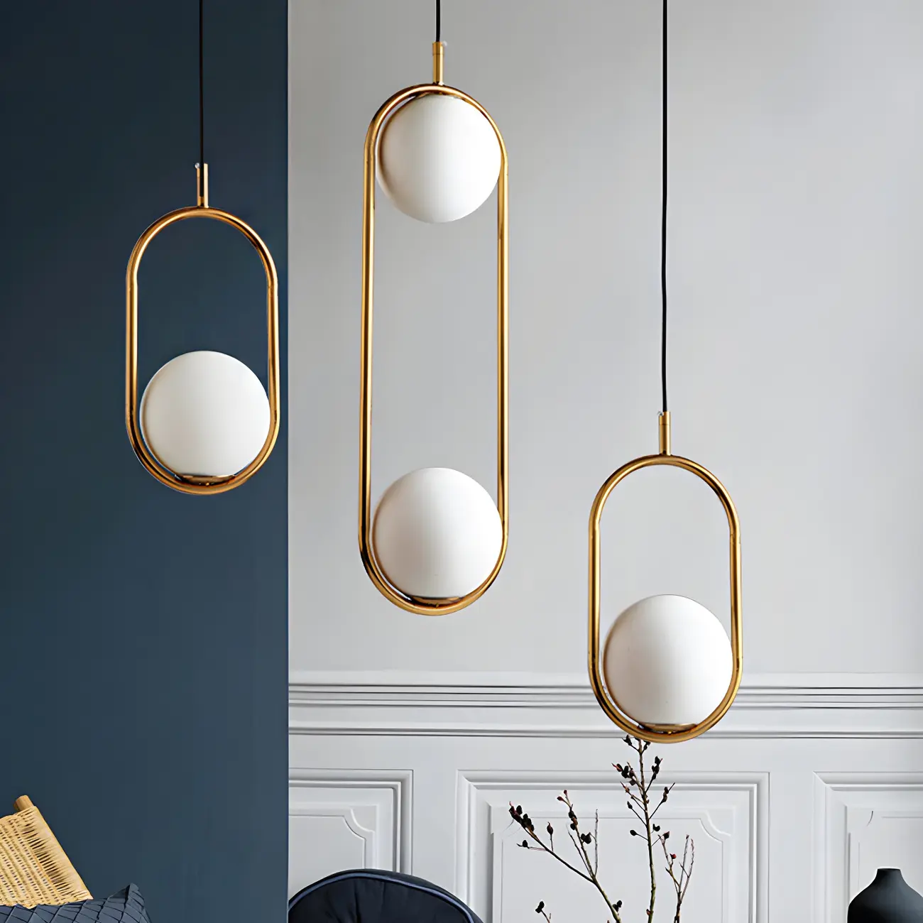 Globe Pendant Lighting Modern White Glass 1/2 Lights Black/Gold Hanging Ceiling Lamp for Bedroom Image - 3 | homeyfad