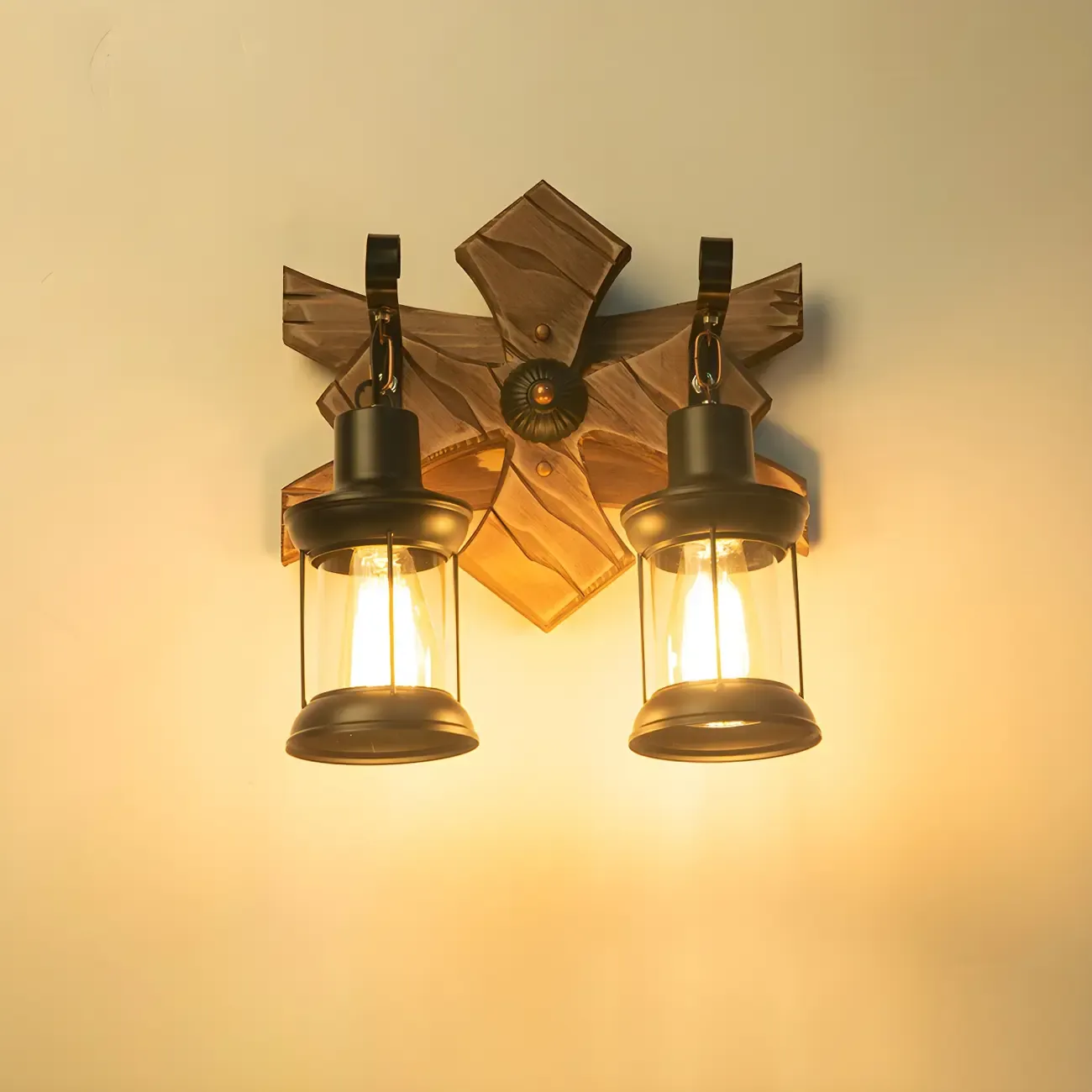 Rustic Wood Wall Sconce Lantern Country Corridor Light Image - 3