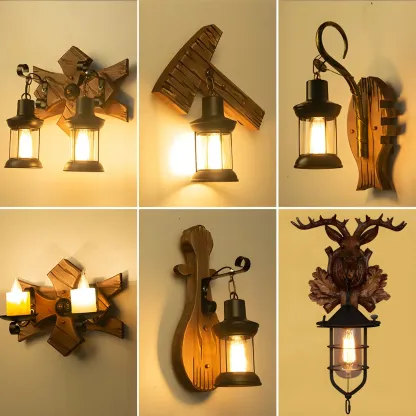 Rustic Wood Wall Sconce Lantern Country Corridor Light Image - 5