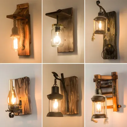 Rustic Wood Wall Sconce Lantern Country Corridor Light Image - 6