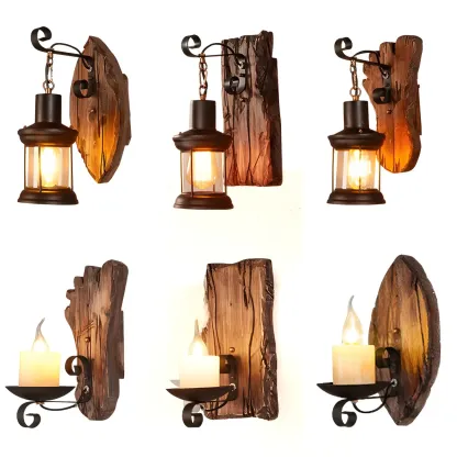 Rustic Wood Wall Sconce Lantern Country Corridor Light Image - 9