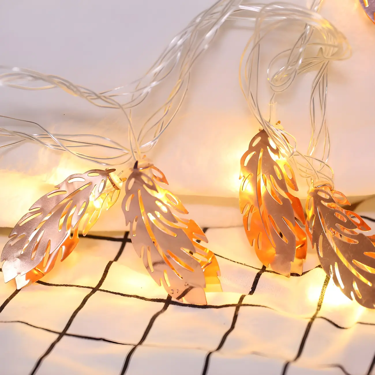 Elegant Rose Gold Metallic Feather Warm String Light Image - 4 | homeyfad