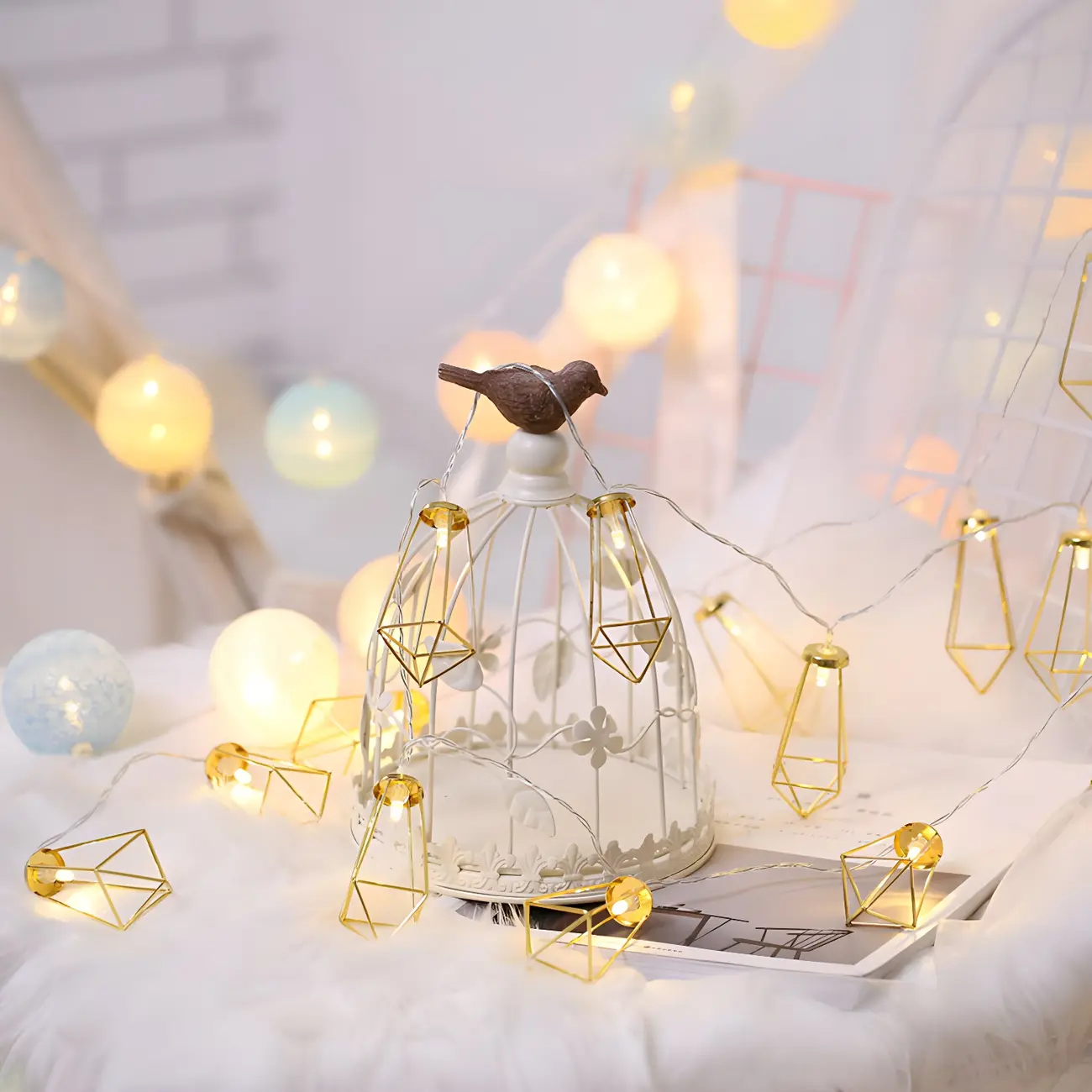 Gold Metal Cage Geometric Warm String Light Image - 1 | homeyfad