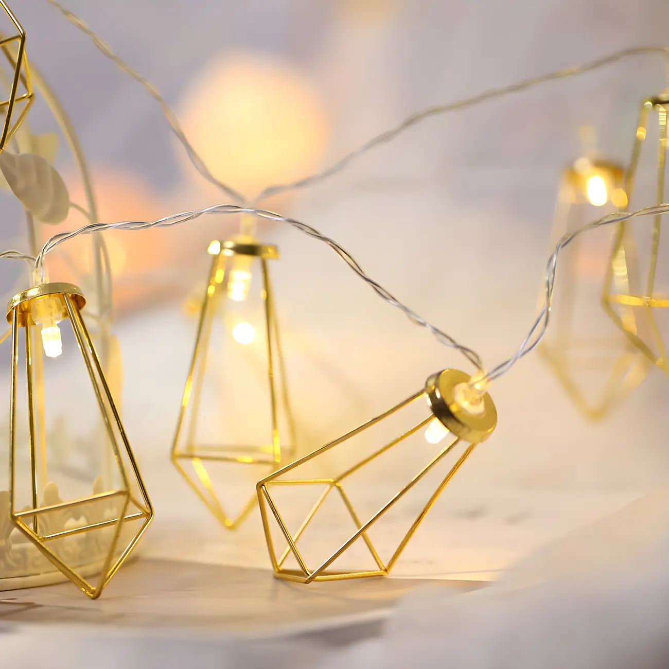 Gold Metal Cage Geometric Warm String Light Image - 3 | homeyfad