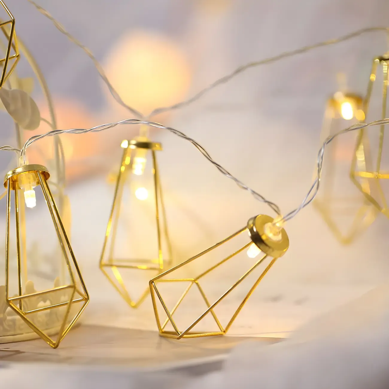 Gold Metal Cage Geometric Warm String Light Image - 3