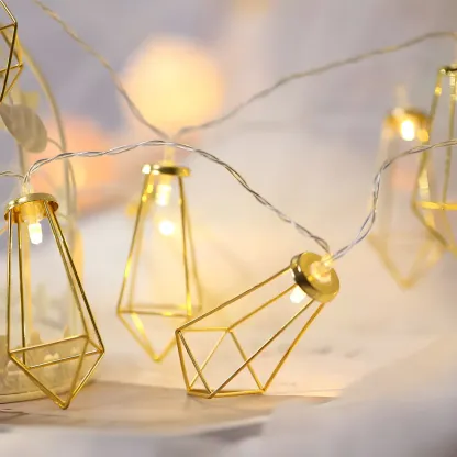 Gold Metal Cage Geometric Warm String Light Image - 3