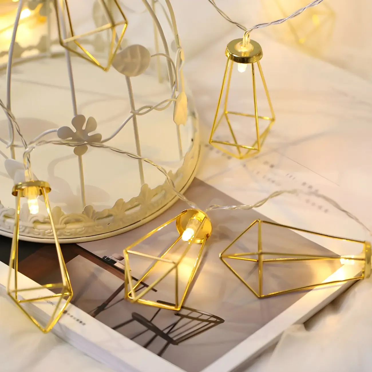 Gold Metal Cage Geometric Warm String Light Image - 4