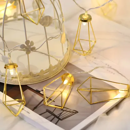 Gold Metal Cage Geometric Warm String Light Image - 4