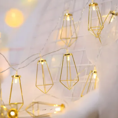 Gold Metal Cage Geometric Warm String Light Image - 5