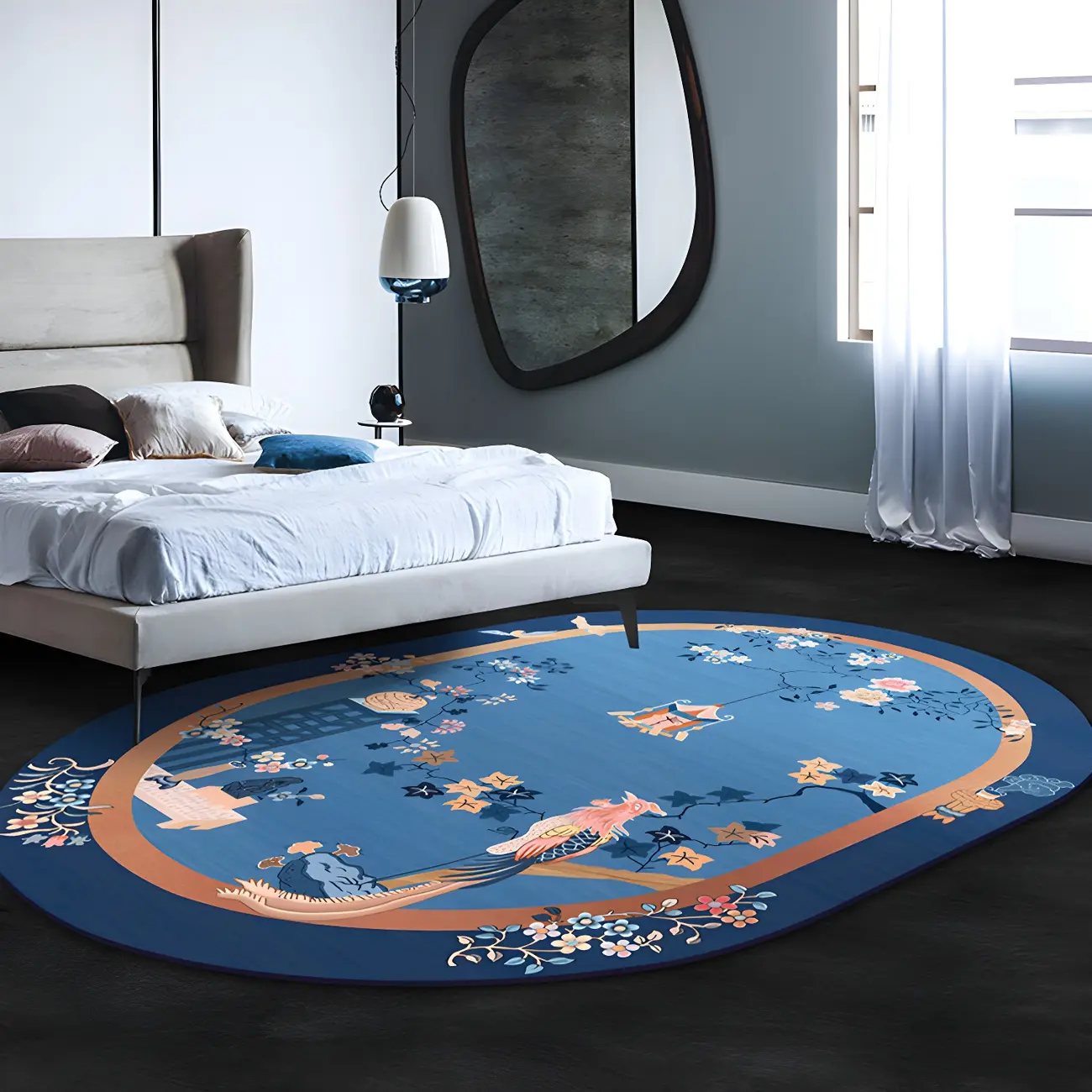 Bedroom Oriental Blue Cotton Blends Oval Area Rug Image - 2 | homeyfad