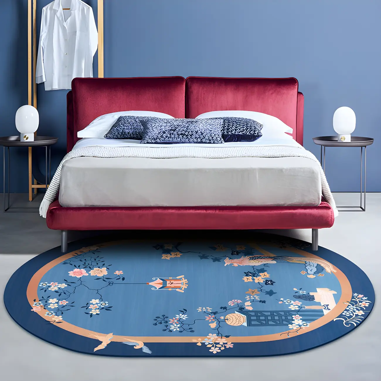 Bedroom Oriental Blue Cotton Blends Oval Area Rug Image - 1 | homeyfad