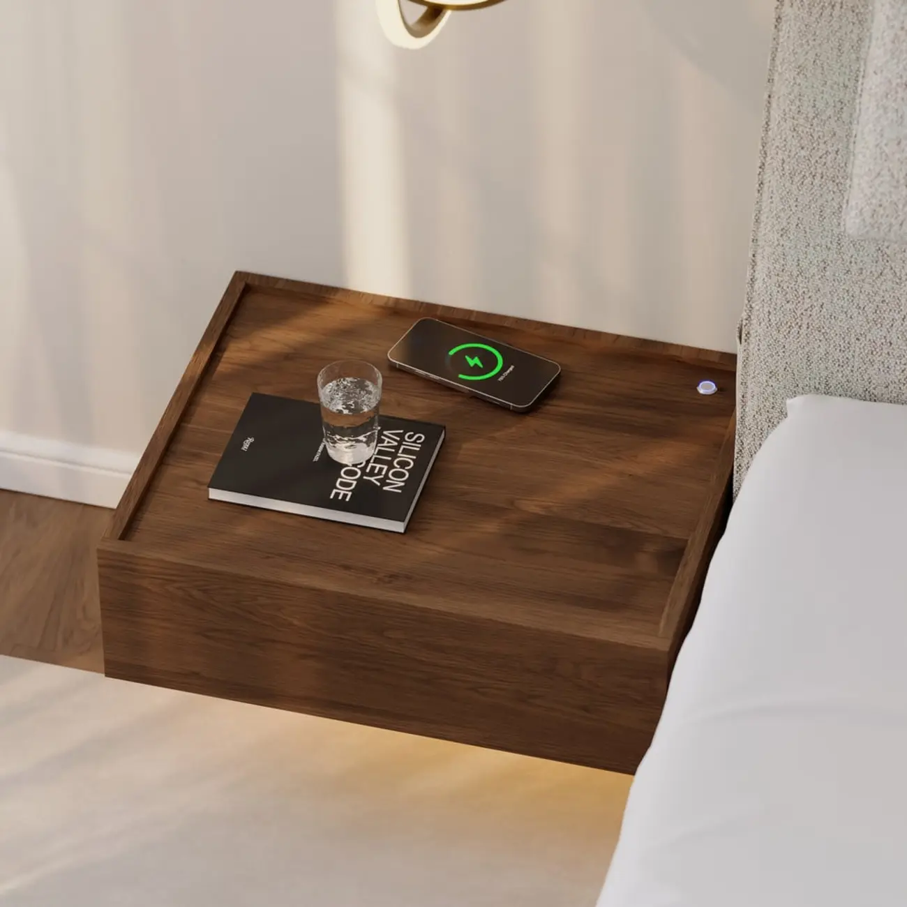 Walnut Wireless Charging Floating Nightstand with Light Set of 2 Image - 2 | homeyfad