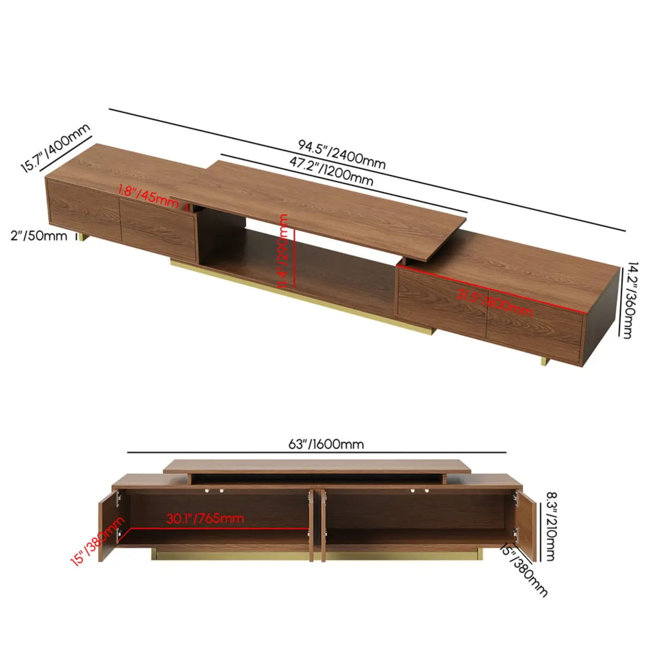 Extendable Walnut Wooden Open Storage TV Stand Image - 17 | homeyfad