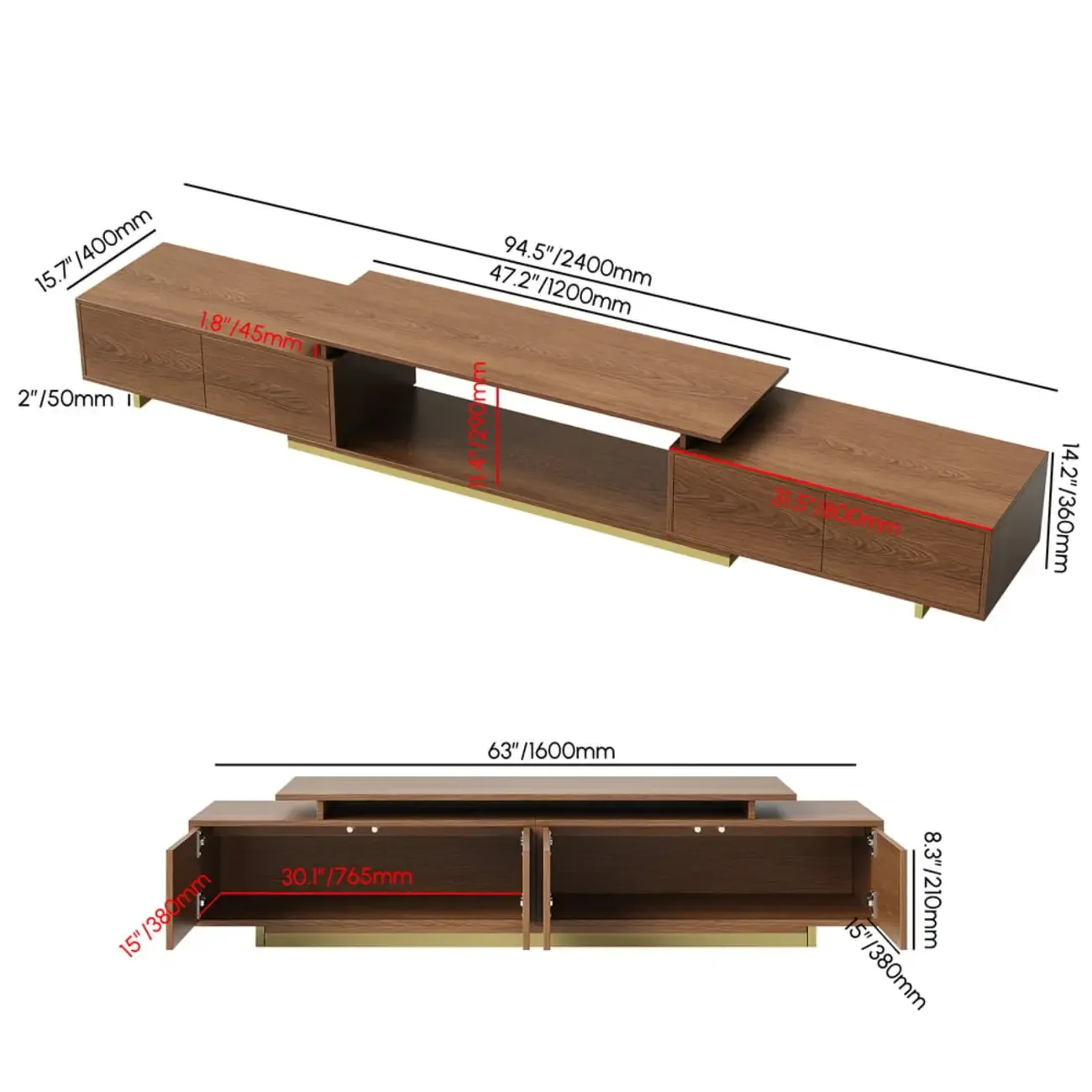 Extendable Walnut Wooden Open Storage TV Stand Image - 17