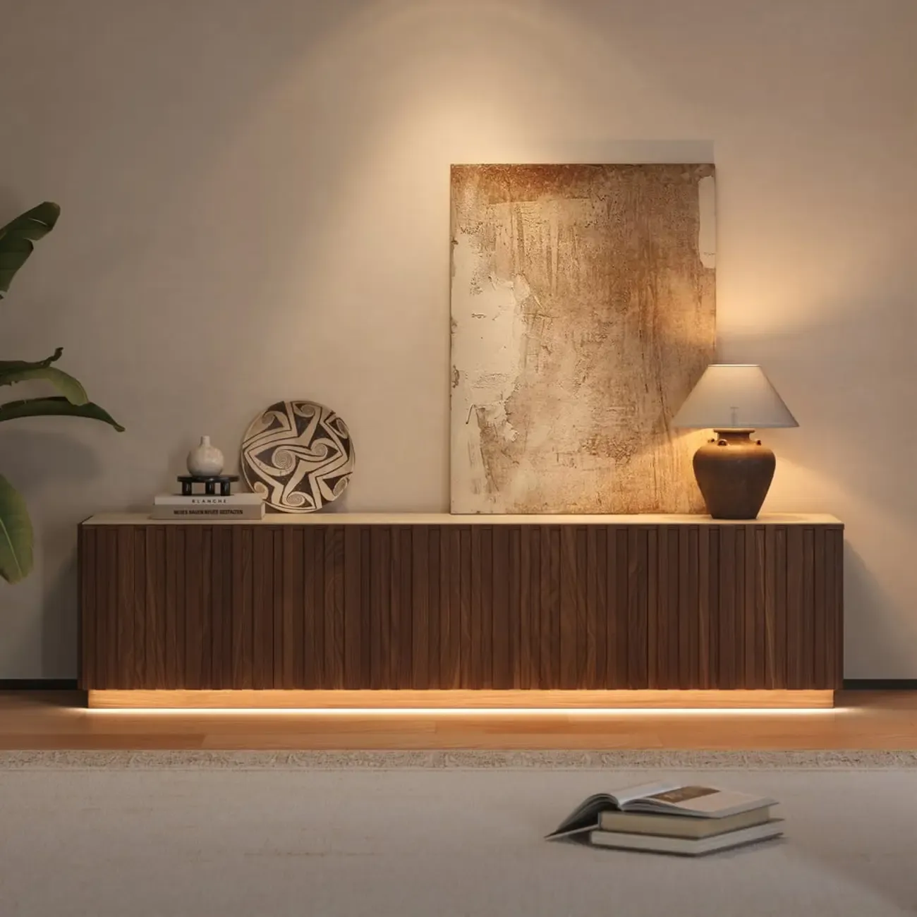 Mid-Century Wooden Slatted Walnut TV Stand with Doors Image - 1