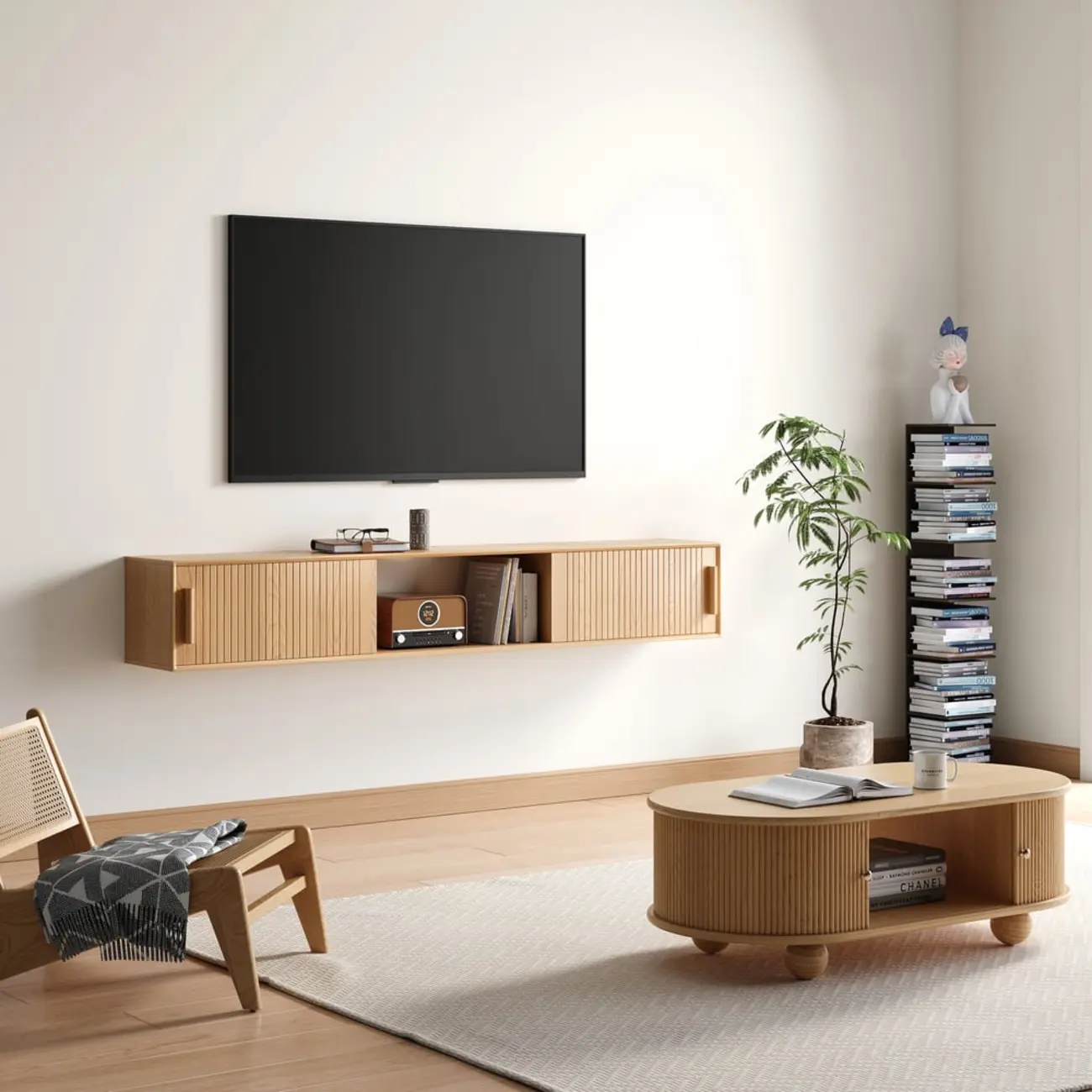 Natural Floating Wood Fluted TV Stand with Storage Image - 5 | homeyfad