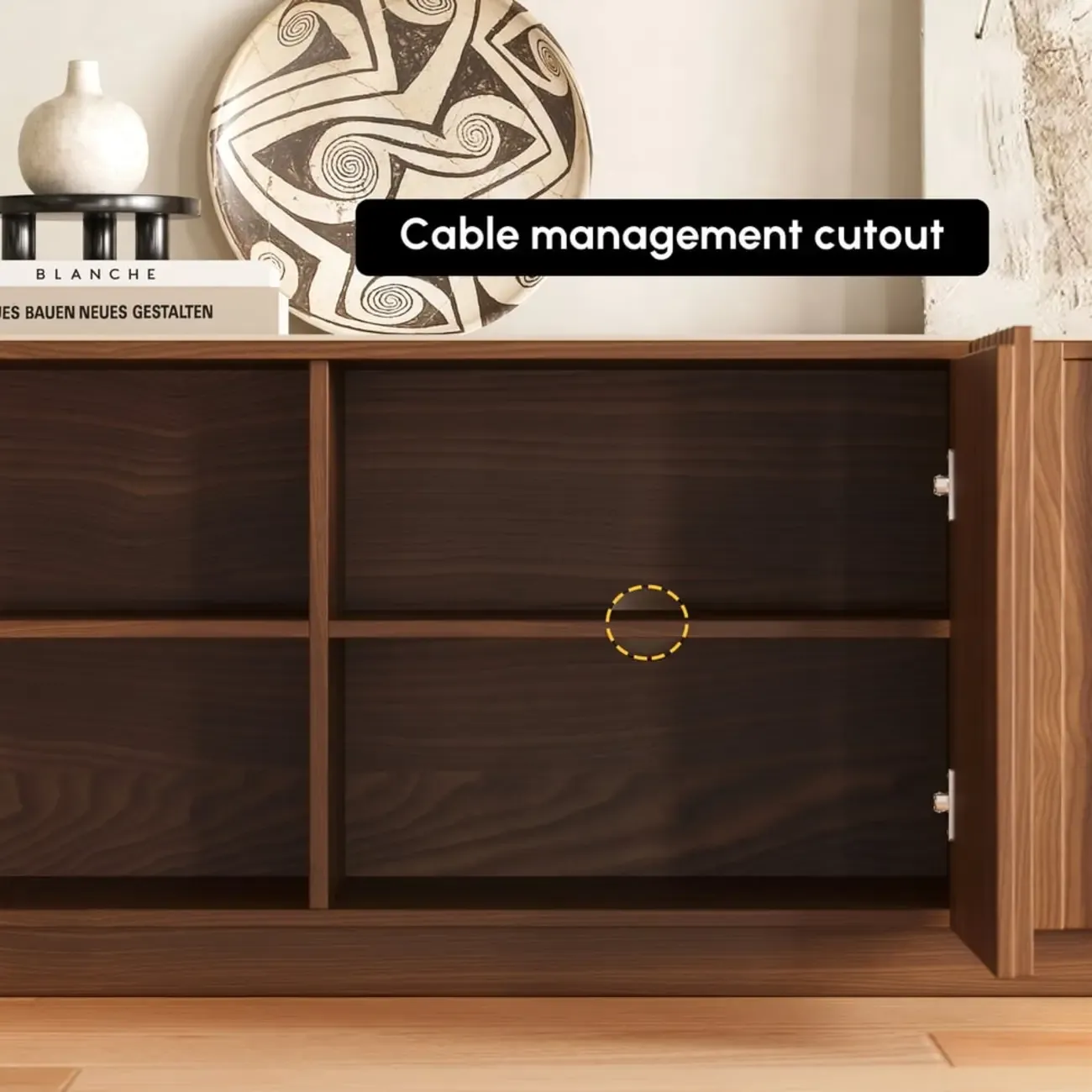 Mid-Century Wooden Slatted Walnut TV Stand with Doors Image - 10