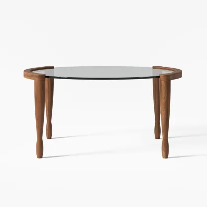 Vintage Solid Wood Clear Glass Round Coffee Table with 4 Legs Image - 8