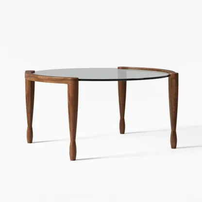 Vintage Solid Wood Clear Glass Round Coffee Table with 4 Legs Image - 7