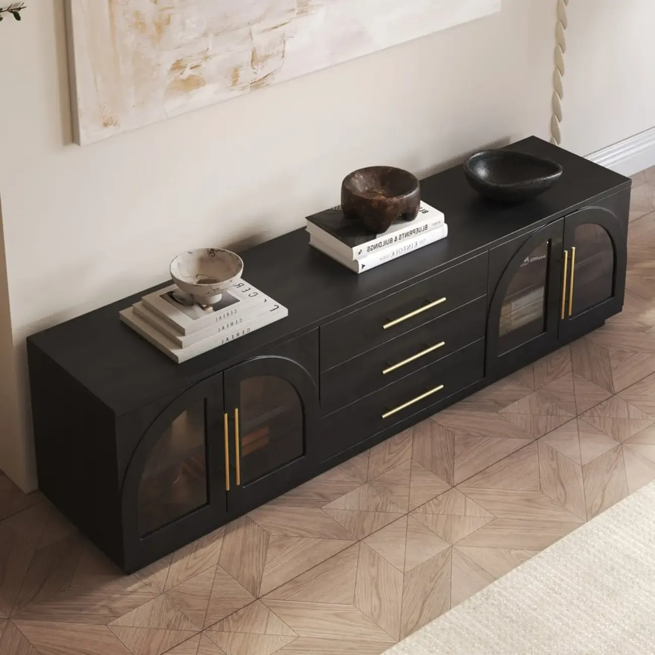 LED 3-Drawer Wooden Arched Glass Doors TV Stand Image - 4