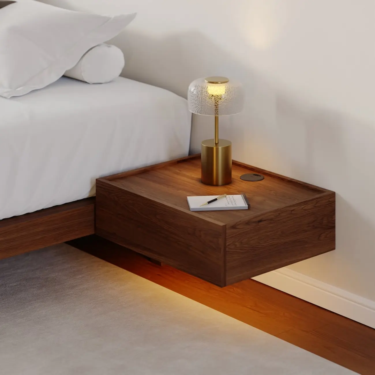 Walnut Wireless Charging Floating Nightstand with Light Set of 2 Image - 3 | homeyfad