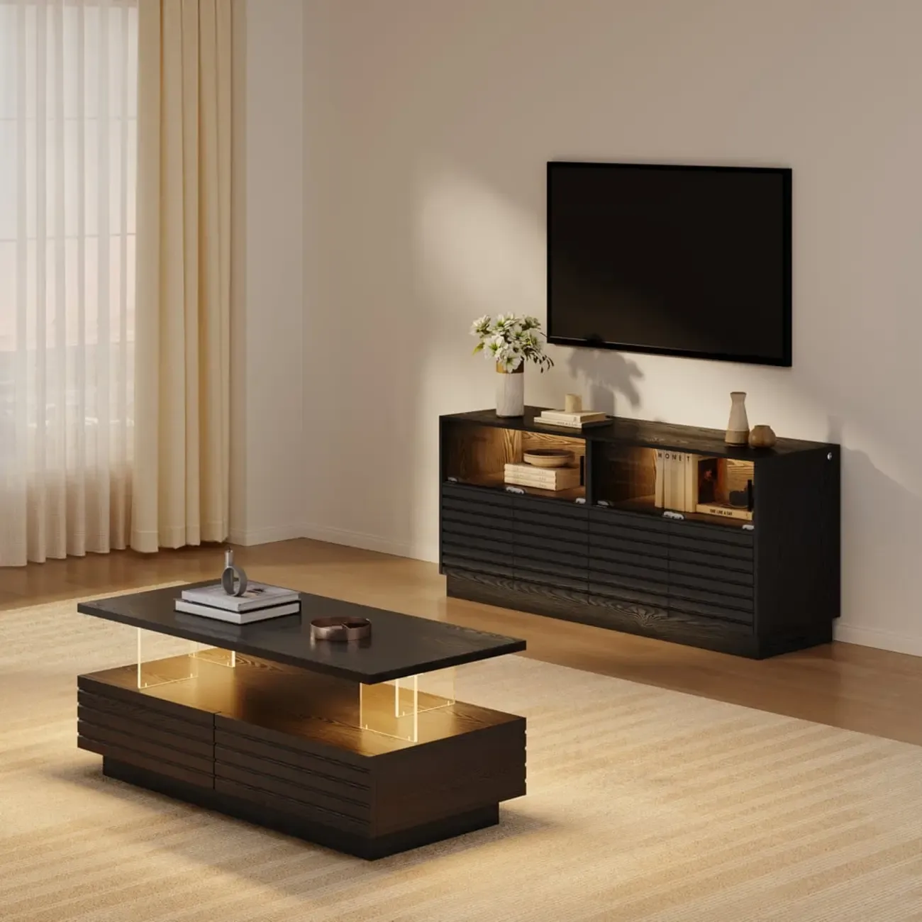 Modern Black Rectangular Wooden LED TV Stand Image - 4