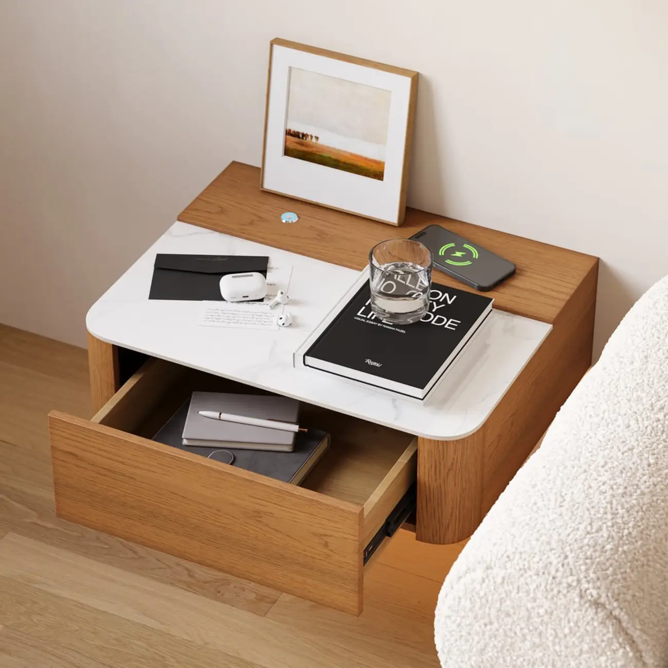 Wireless Cherry Wood Floating Nightstand with Drawers & Light Image - 2 | homeyfad